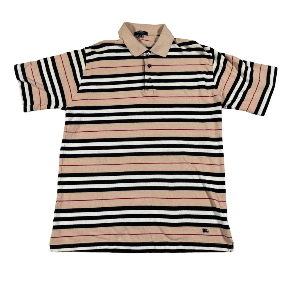 Burberry London Polo Shirt Mens M Beige Striped Cotton Made in England Vintage